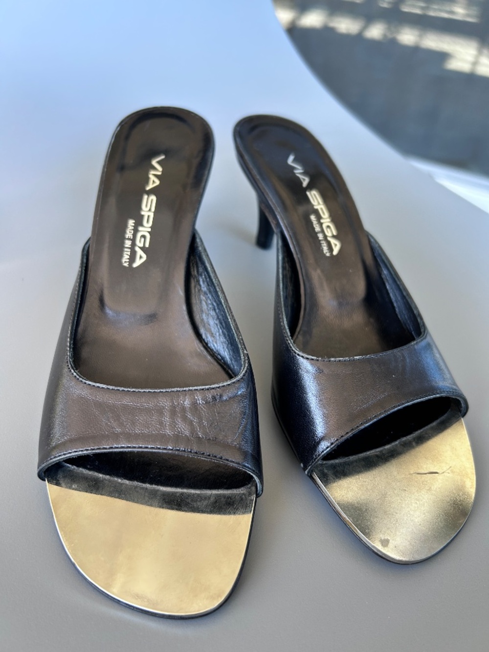 VIA SPIGA Kitten Heel Black Italian Leather Open Toe Mule Slide Sandal Size 5.5